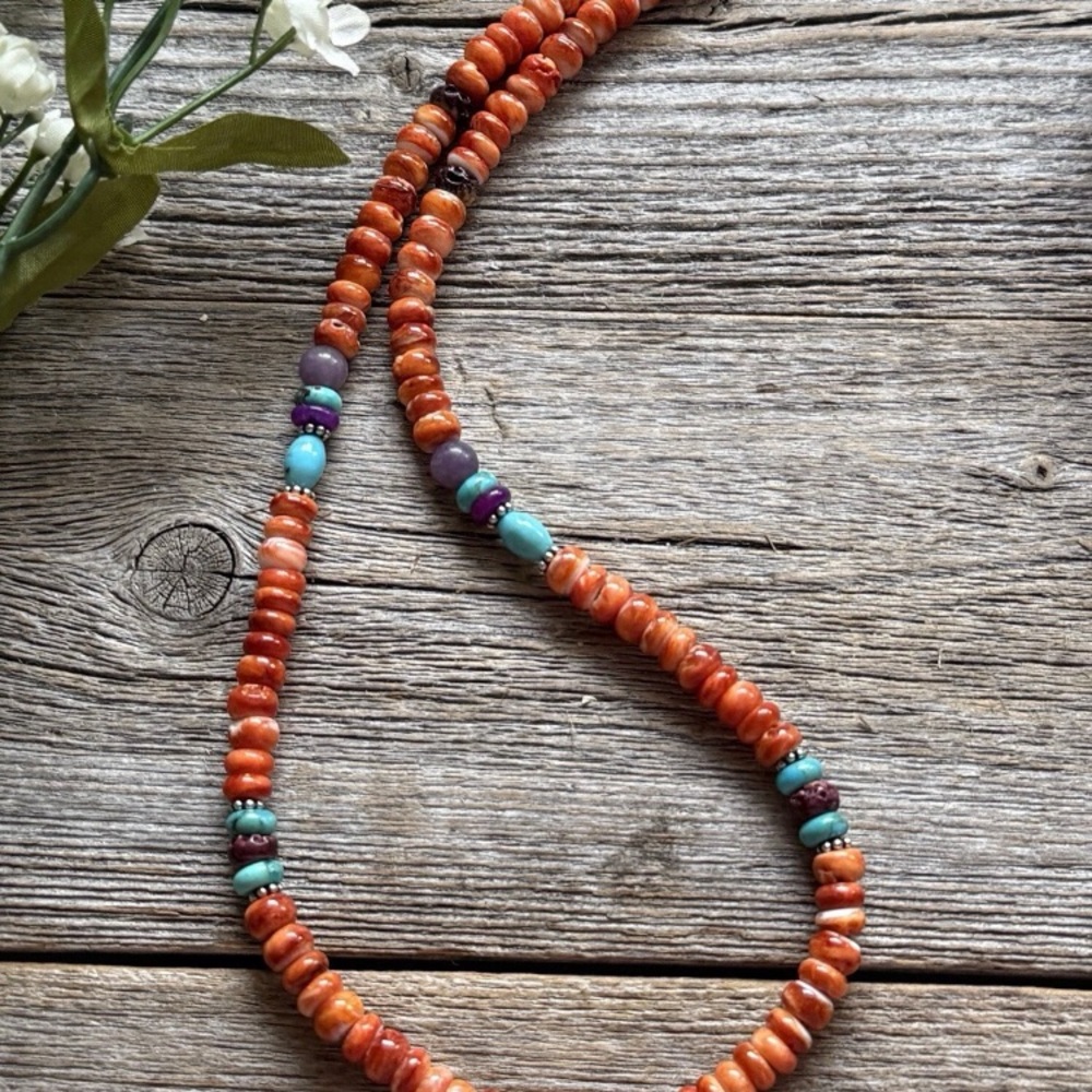 Orange Spiny Oyster Multi Stone Color Sterling Silver Bead Necklace 18 inch Gift - Picture 3 of 12